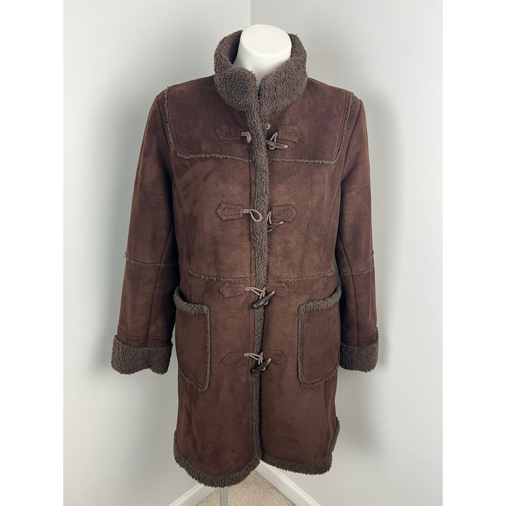 Vintage Talbots Chocolate Brown Faux Fur Trim Suede Toggle Coat Petite Large